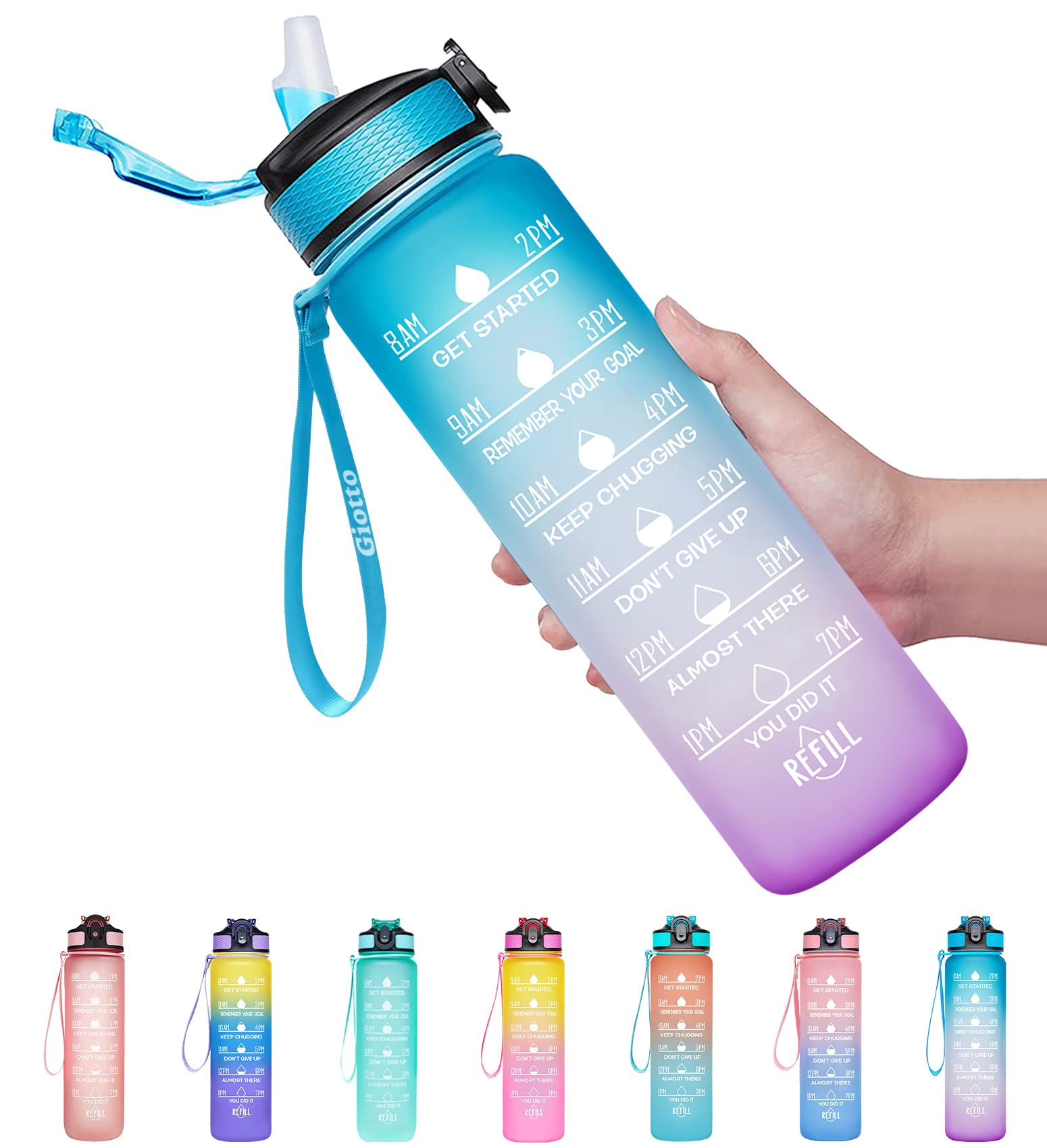 Giotto 32oz Large Leakproof BPA Free Drinking Water Bottle with Time Marker & Straw to Ensure You Drink Enough Water Throughout The Day for Fitness and Outdoor Enthusiasts-Ombre Blue Purple